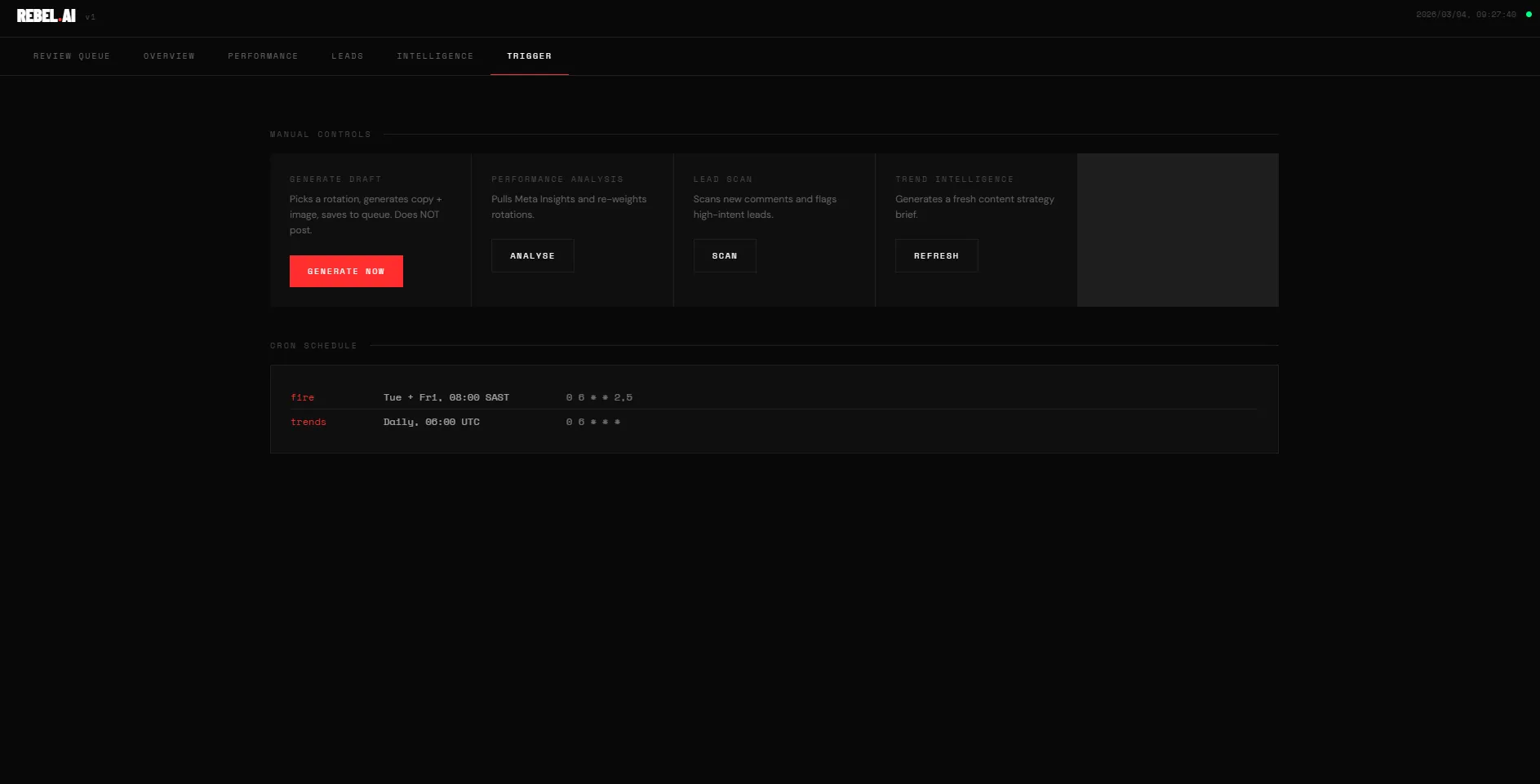 REBEL.AI — manual controls and cron schedule trigger panel