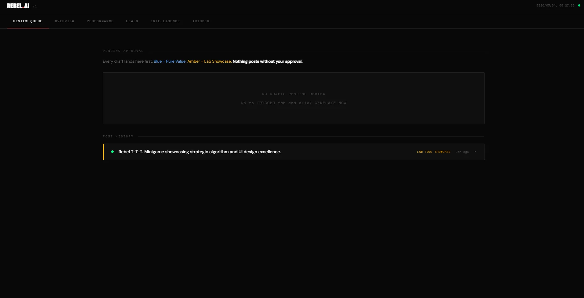 REBEL.AI — review queue and post history