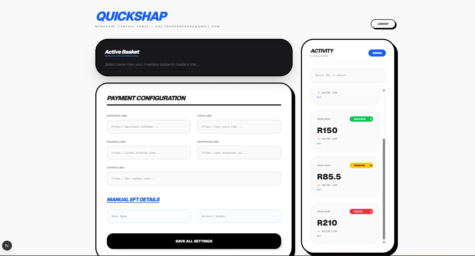 QuickShap merchant control panel